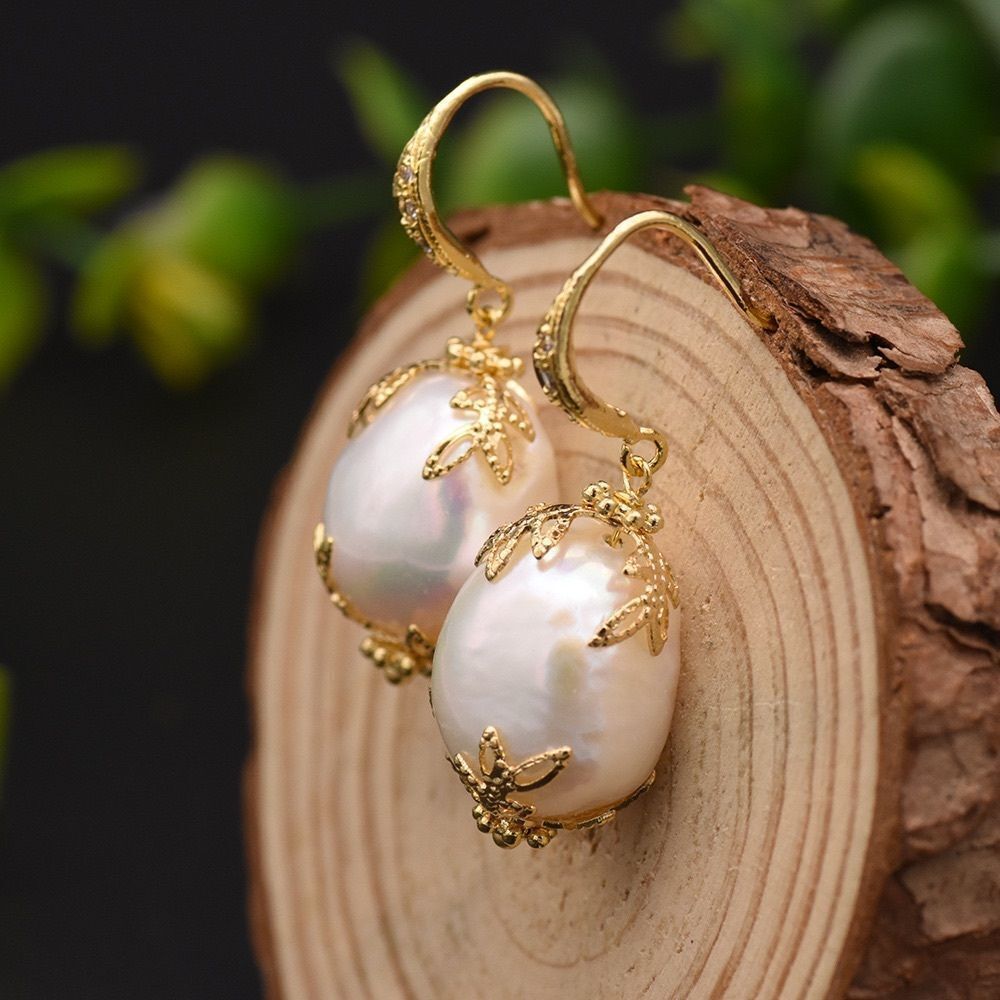 925 Sterling Silver 18K GP Elegant Pearl Earrings Hook